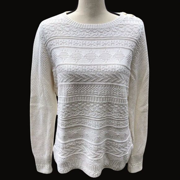 Talbots Sweaters - Talbots Knit Ivory Sweater Women Petite Small Button Ballon Sleeve Cable Knit